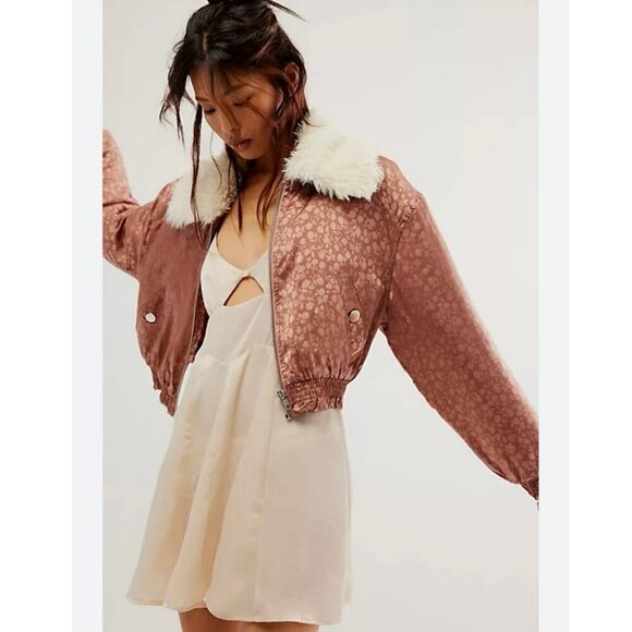 Free People Crafted Floral Bomber Jacket Faux Fur Collar Rust Mauve Pink Sz S